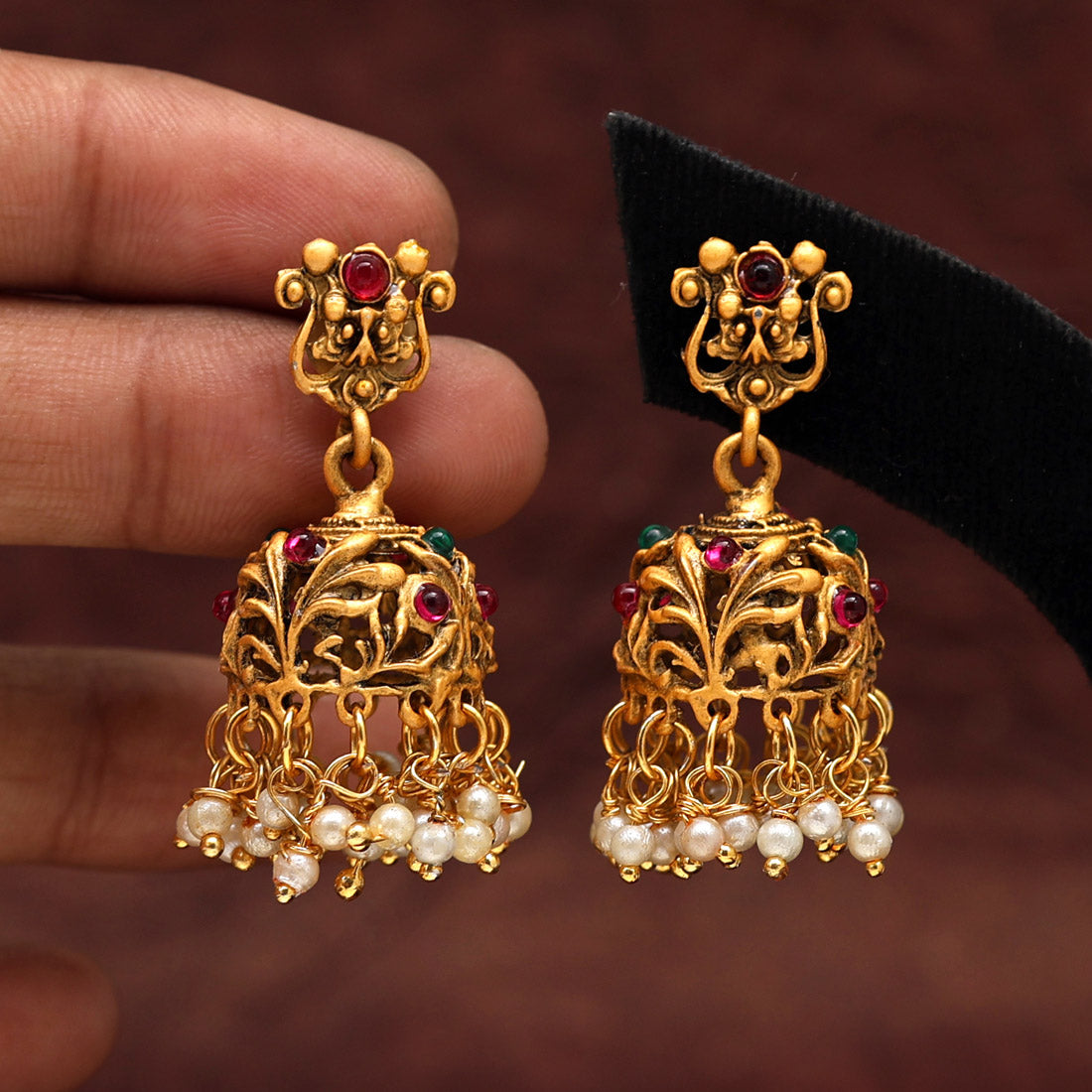 Rani & Green Color Matte Gold Jhumka (MGE200RNIGRN)