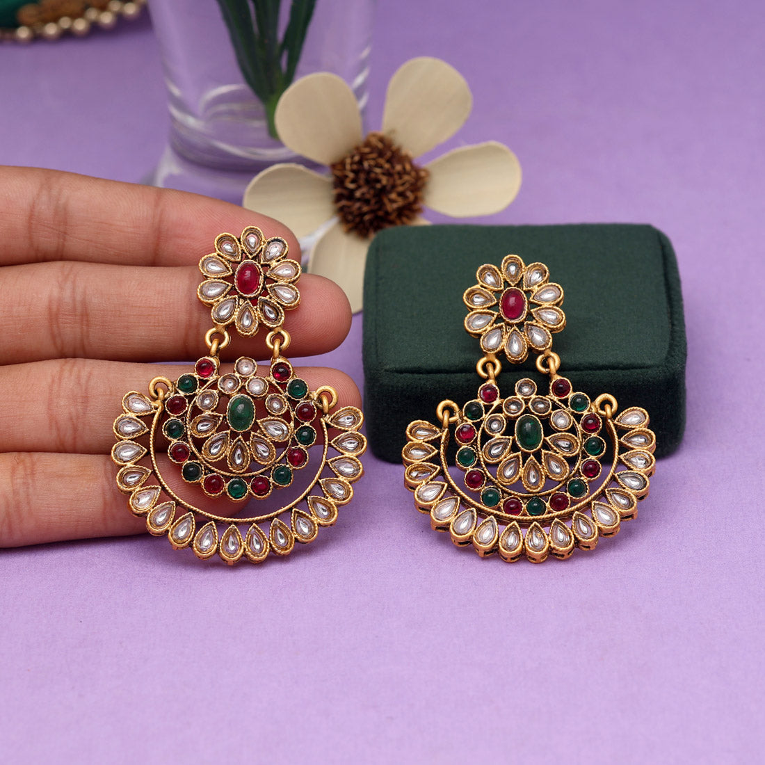 Rani & Green Color Matte Gold Kundan Earrings (MGE215RNIGRN)