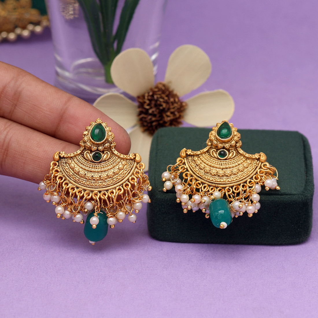 Green Color Matte Gold Earrings (MGE217GRN)