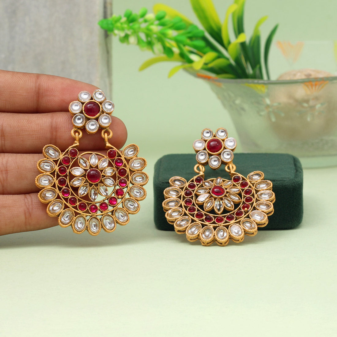 Rani (Pink) Color Matte Gold Kundan Earrings (MGE221RNI)