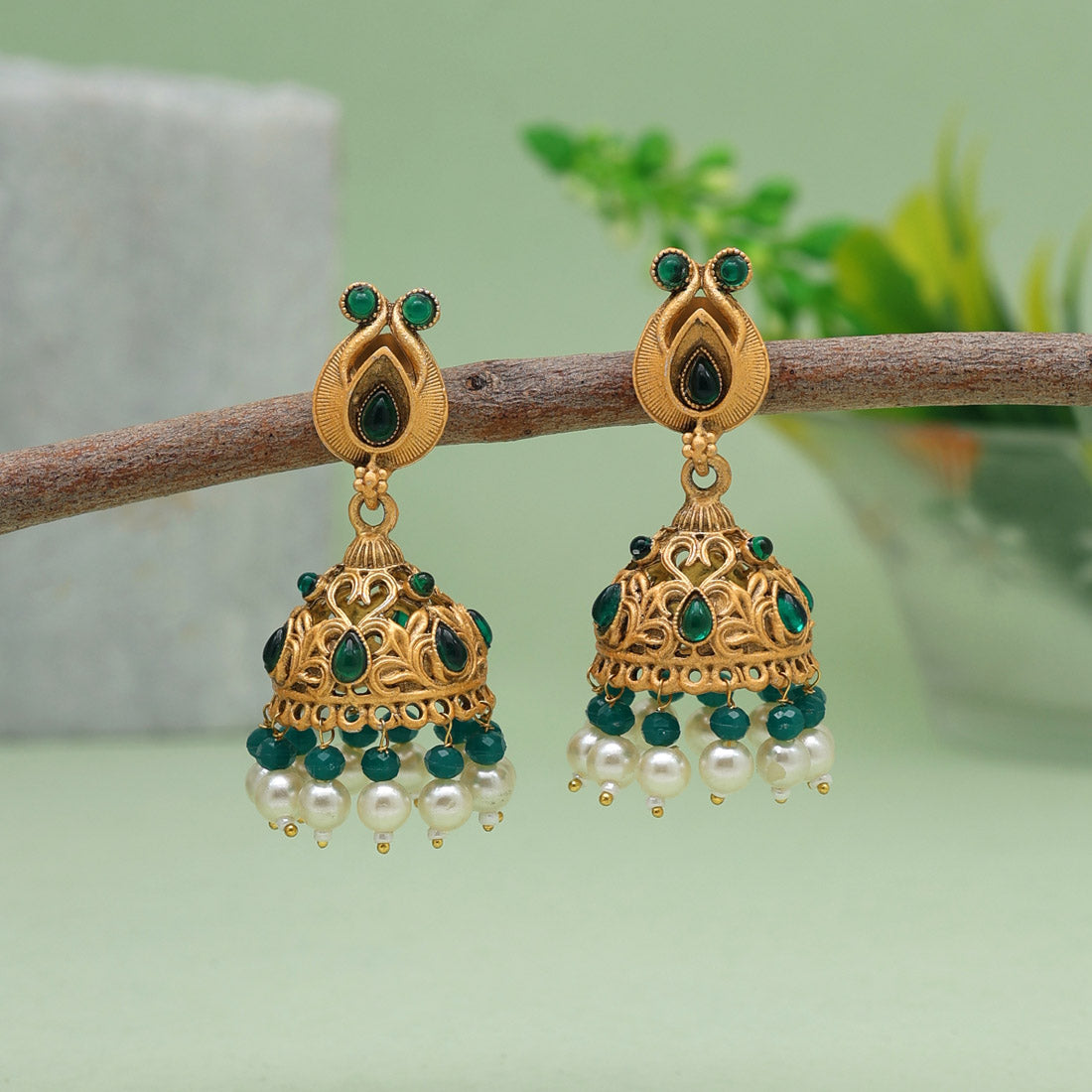 Green Color Matte Gold Brass Jhumka (MGE233GRN)