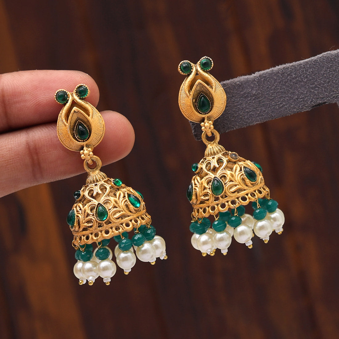 Green Color Matte Gold Brass Jhumka (MGE233GRN)