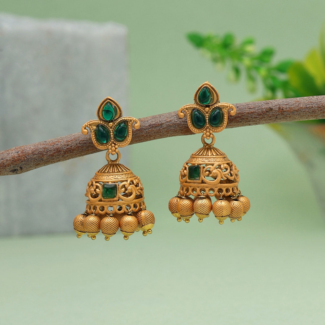 Green Color Matte Gold Jhumka (MGE240GRN)