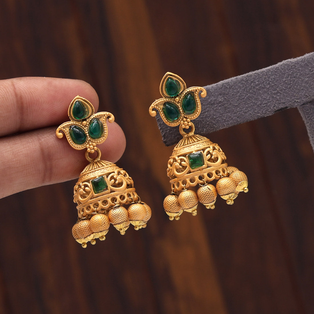 Green Color Matte Gold Jhumka (MGE240GRN)