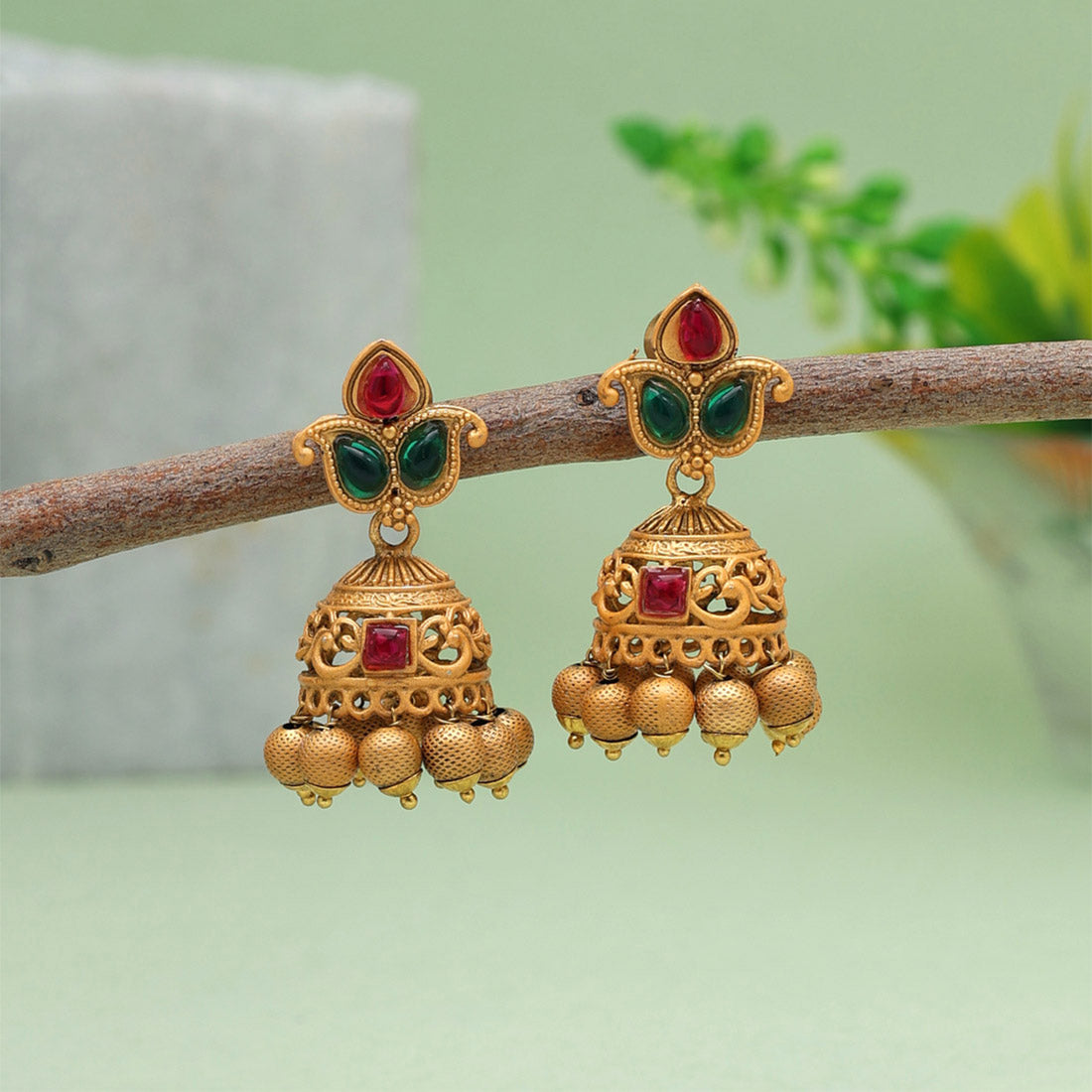 Rani & Green Color Matte Gold Brass Jhumka (MGE240RNIGRN)