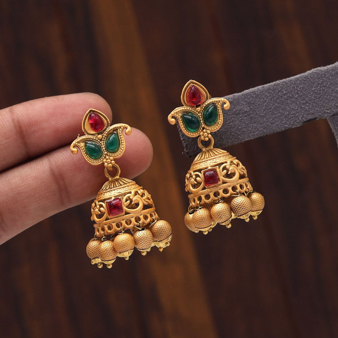 Rani & Green Color Matte Gold Brass Jhumka (MGE240RNIGRN)