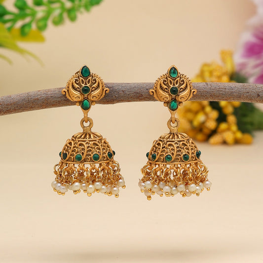 Green Color Matte Gold Brass Jhumka (MGE244GRN)