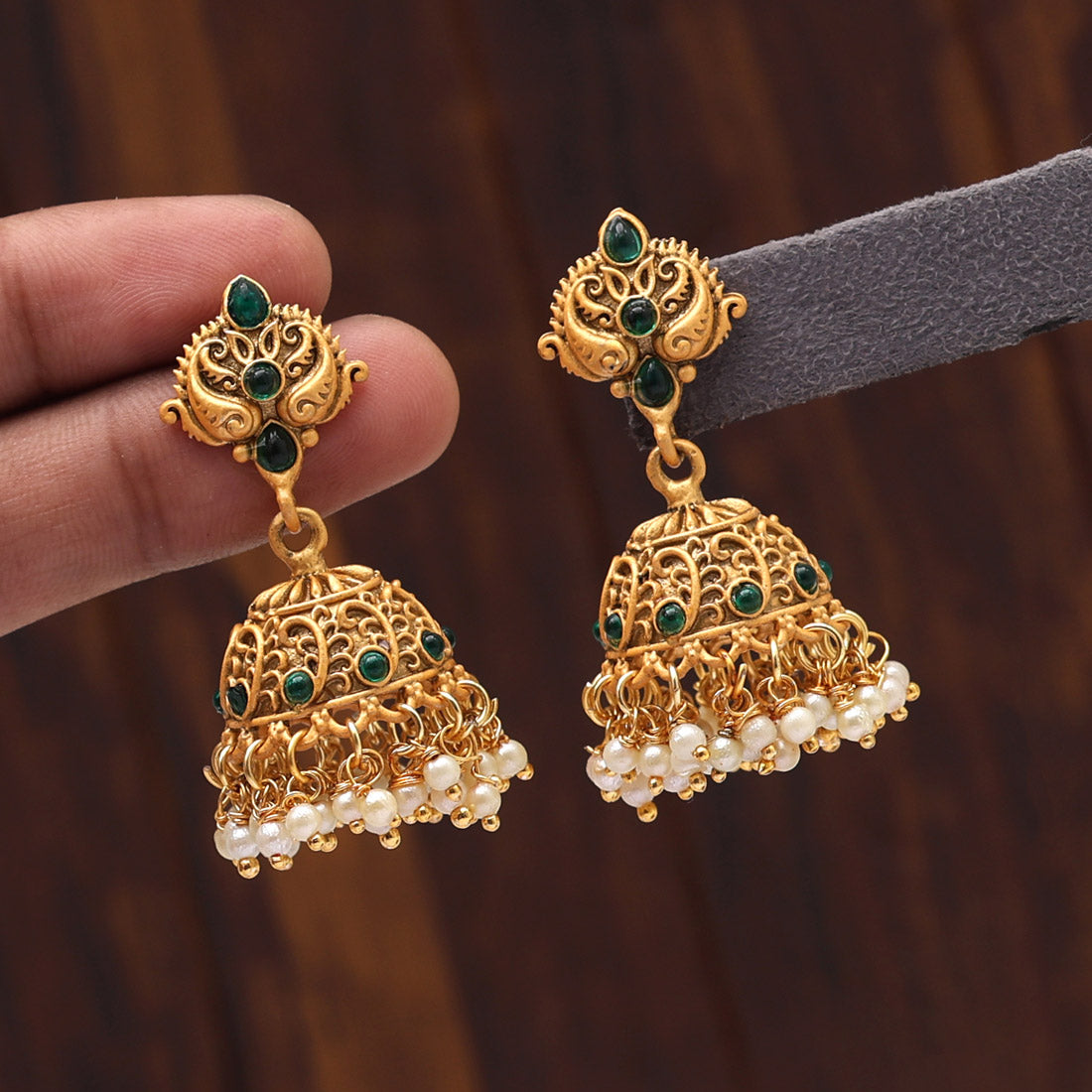 Green Color Matte Gold Brass Jhumka (MGE244GRN)