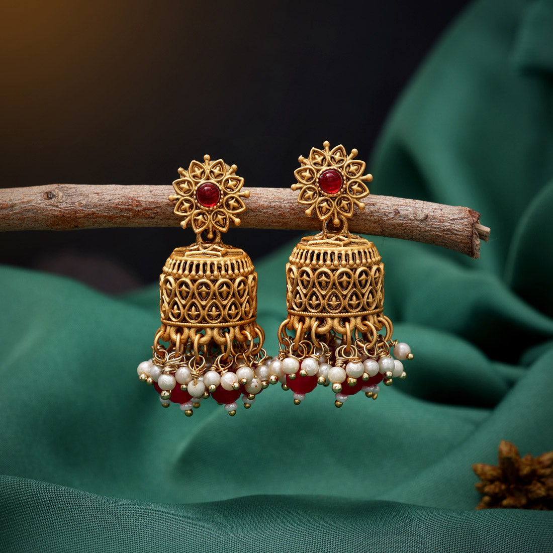 Rani & Green Color Matte Gold Brass Jhumka (MGE260RNI)