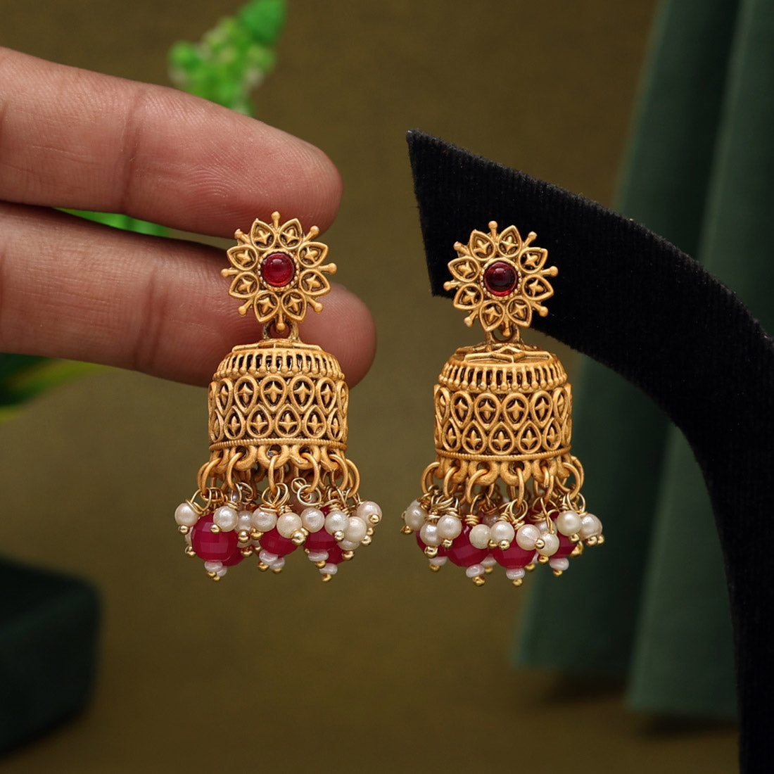 Rani & Green Color Matte Gold Brass Jhumka (MGE260RNI)