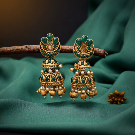 Green Color Matte Gold Jhumka (MGE263GRN)