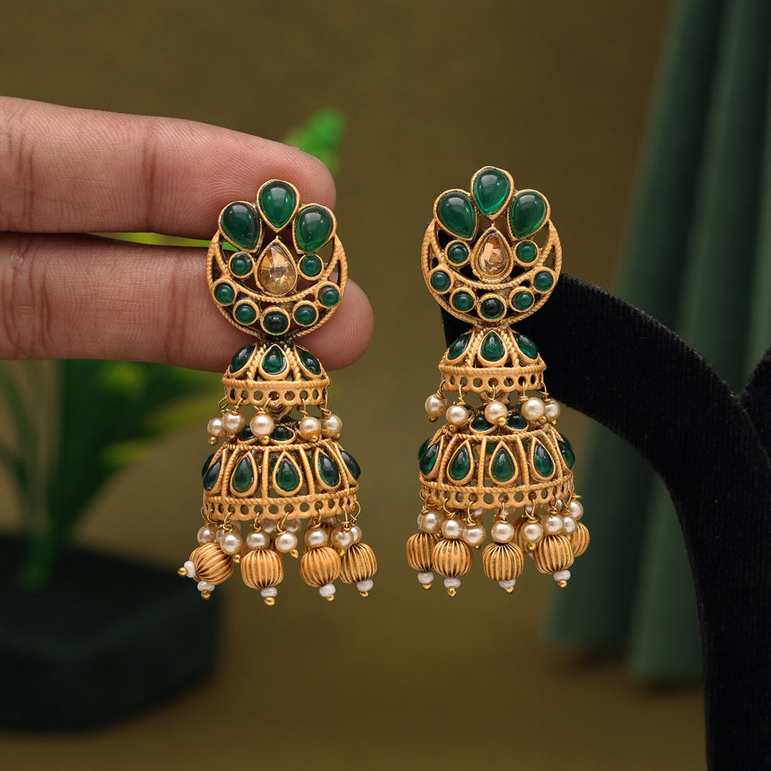 Green Color Matte Gold Jhumka (MGE263GRN)