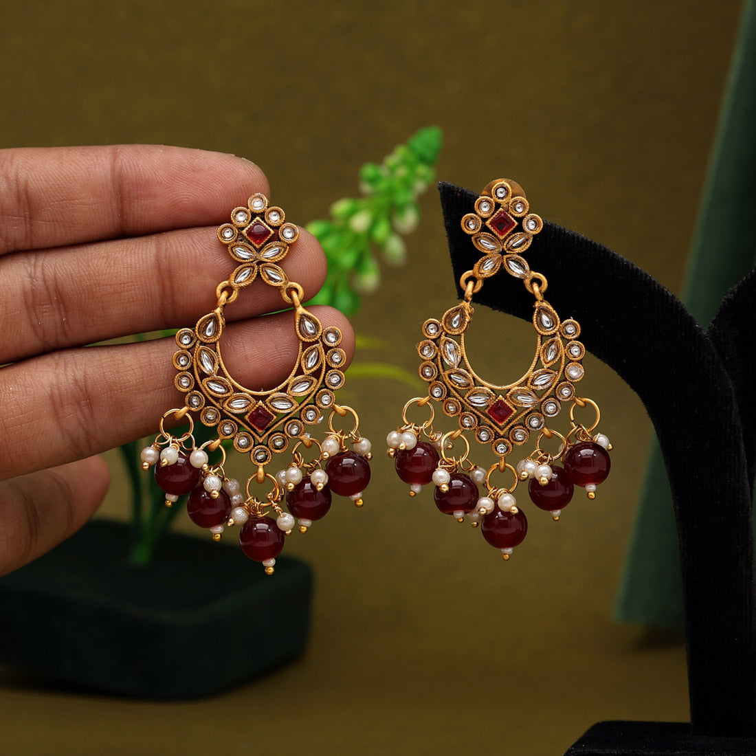 Maroon Color Matte Gold Earrings (MGE266MRN)