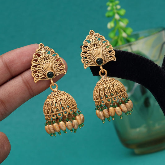 Green Color Matte Gold Jhumka (MGE294GRN)