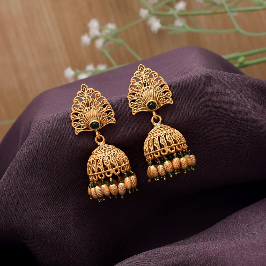 Green Color Matte Gold Jhumka (MGE294GRN)