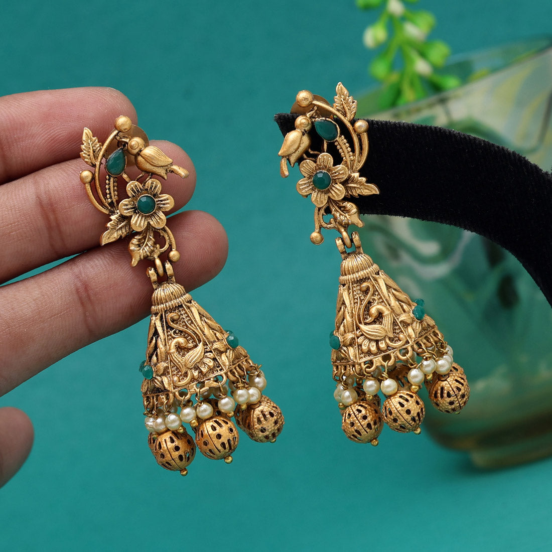 Green Color Matte Gold Jhumka (MGE295GRN)