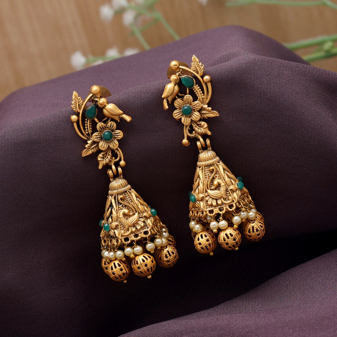 Green Color Matte Gold Jhumka (MGE295GRN)