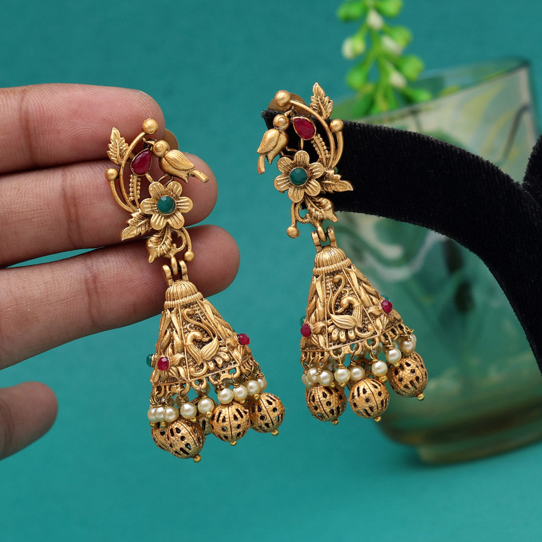 Rani & Green Color Matte Gold Jhumka (MGE295RNIGRN)