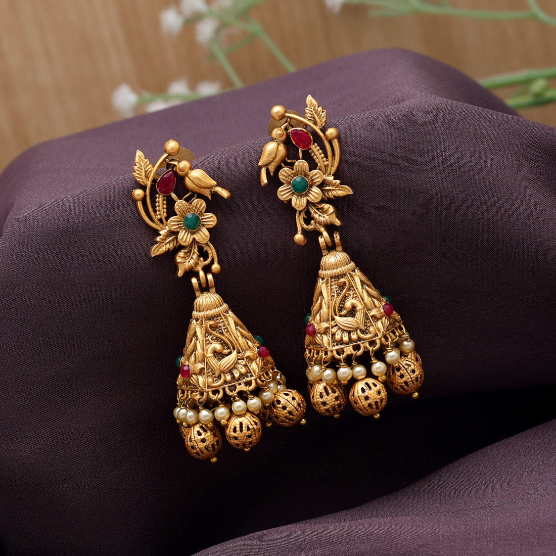 Rani & Green Color Matte Gold Jhumka (MGE295RNIGRN)