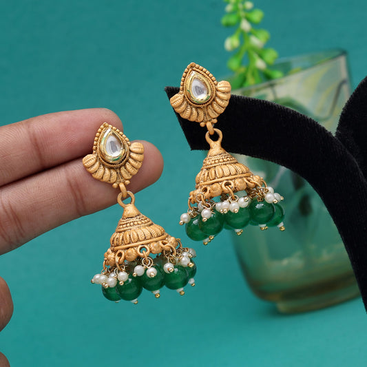 Green Color Matte Gold Jhumka (MGE297GRN)