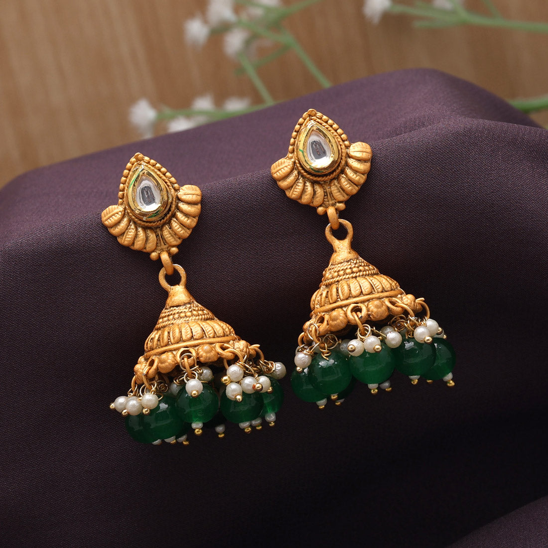 Green Color Matte Gold Jhumka (MGE297GRN)