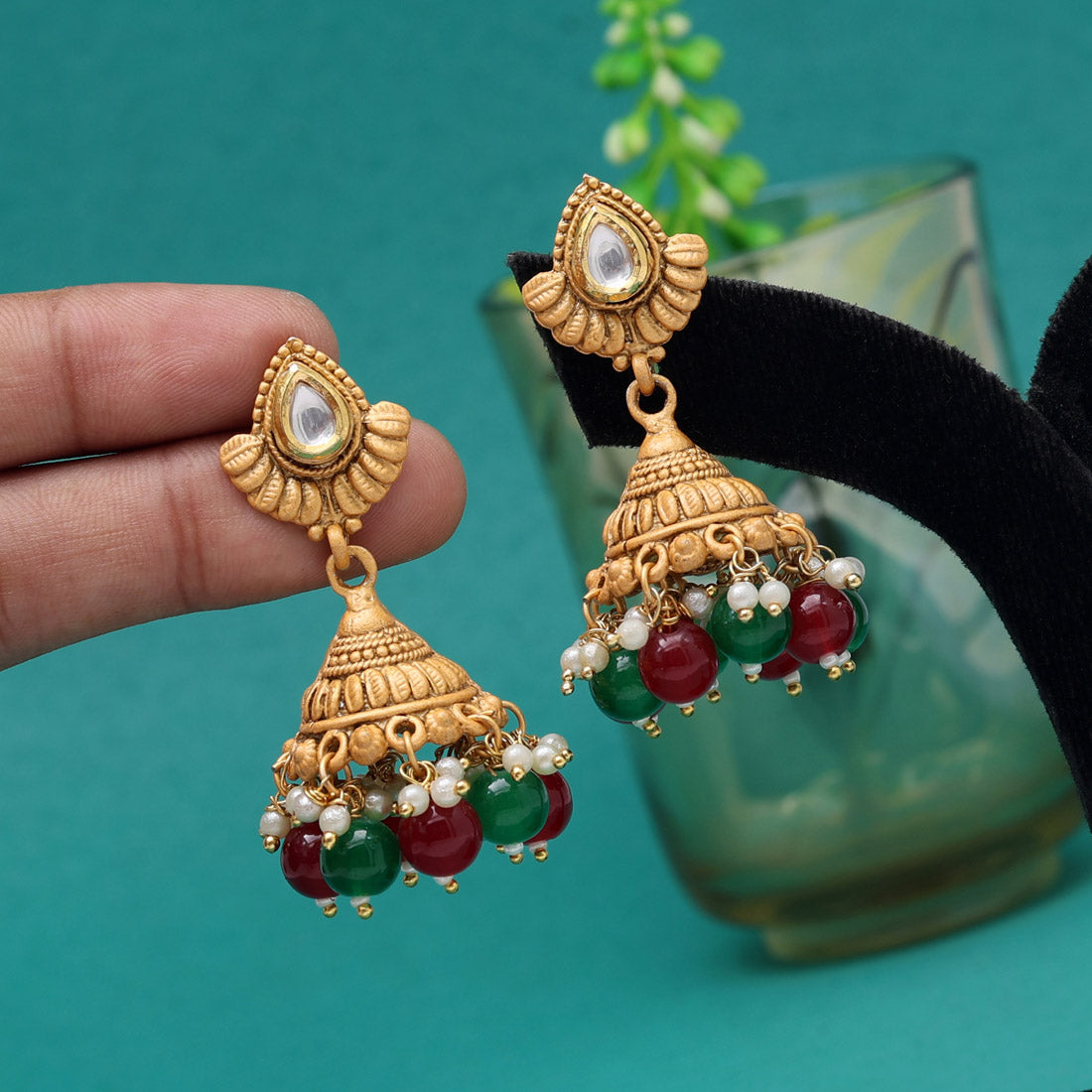 Maroon Color Matte Gold Brass Jhumka (MGE297MG)