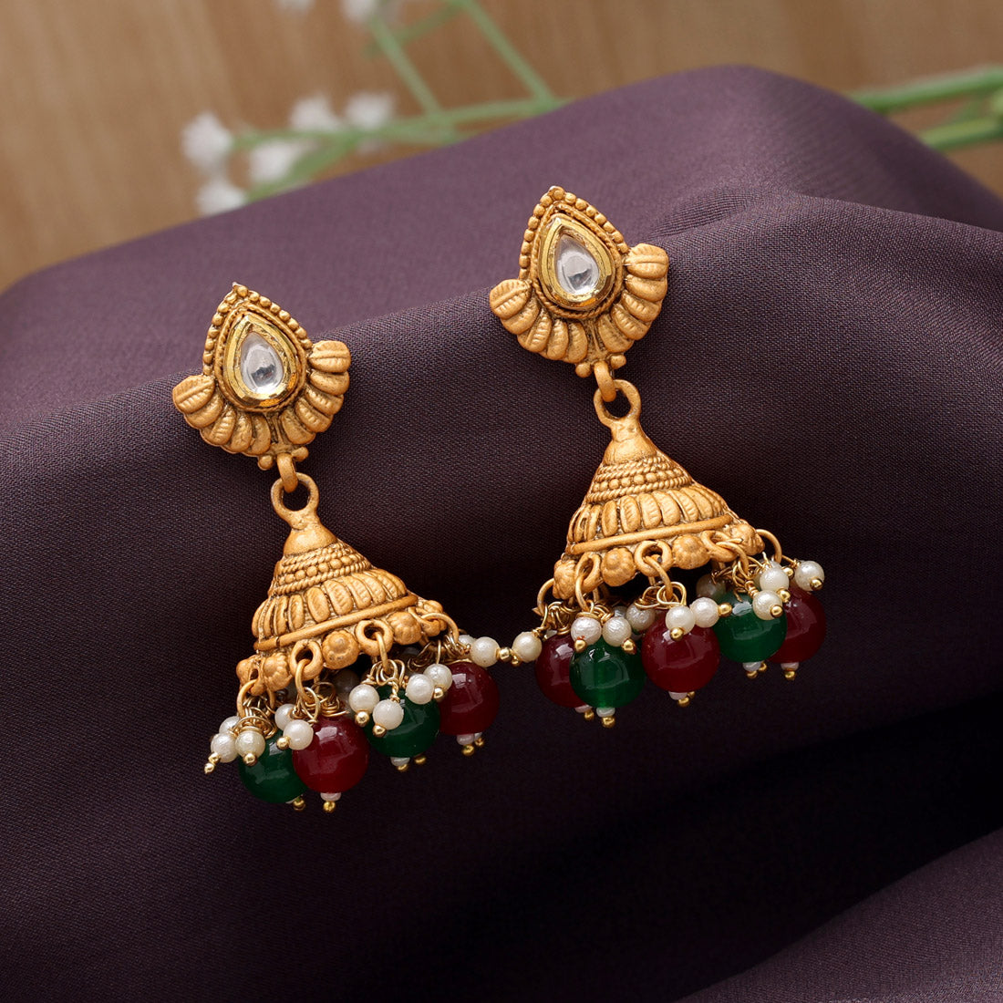 Maroon Color Matte Gold Brass Jhumka (MGE297MG)