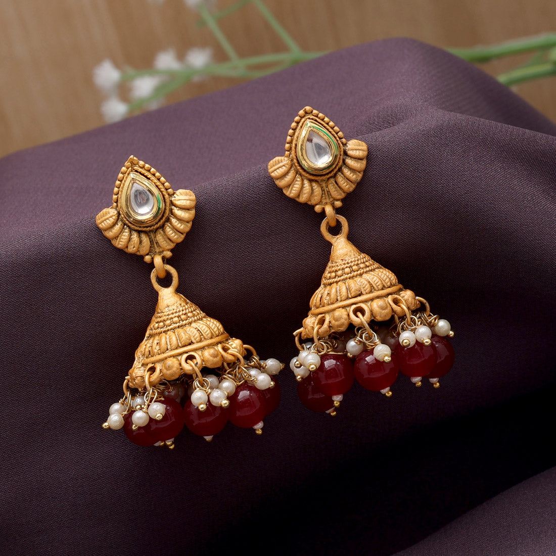 Maroon Color Matte Gold Jhumka (MGE297MRN)