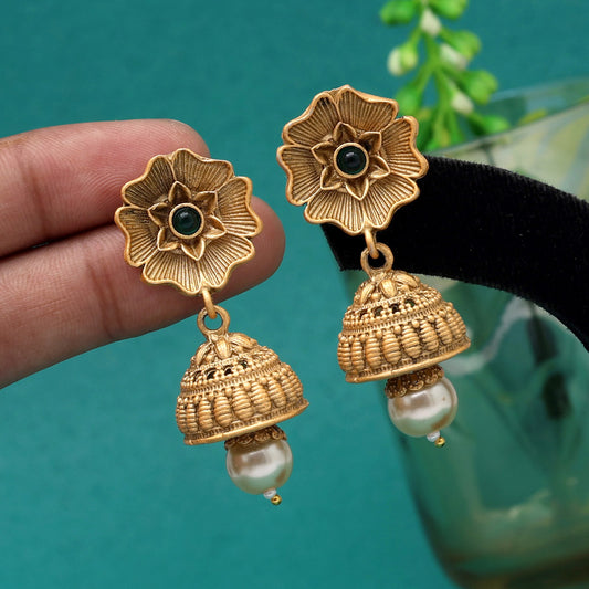 Green Color Matte Gold Jhumka (MGE298GRN)