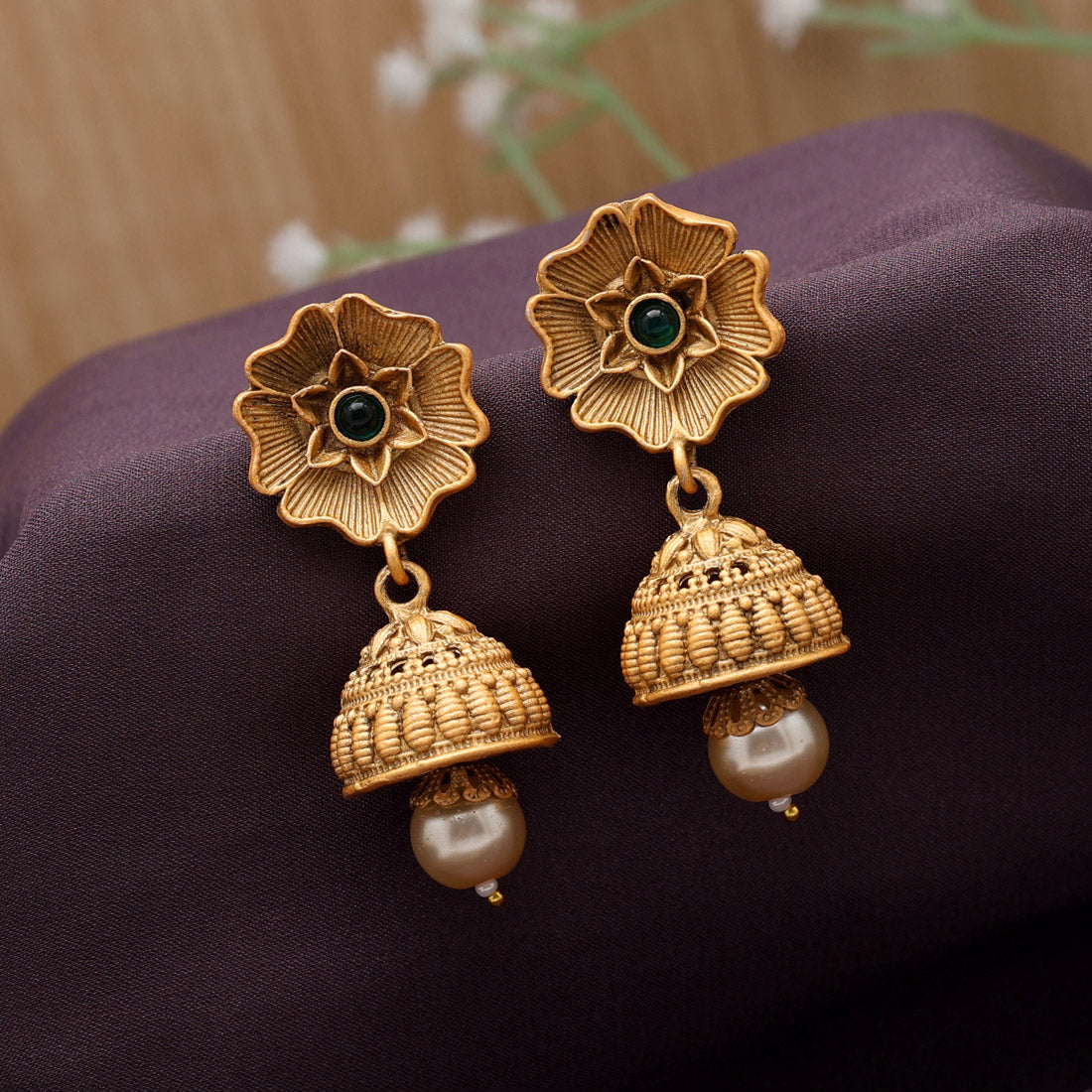 Green Color Matte Gold Jhumka (MGE298GRN)