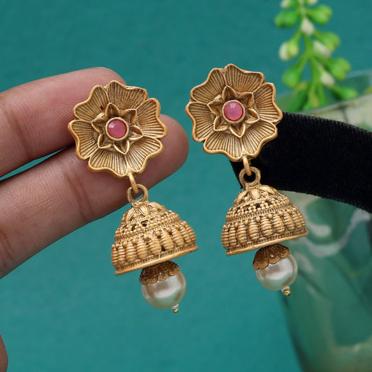 Pink Color Matte Gold Jhumka (MGE298PNK)