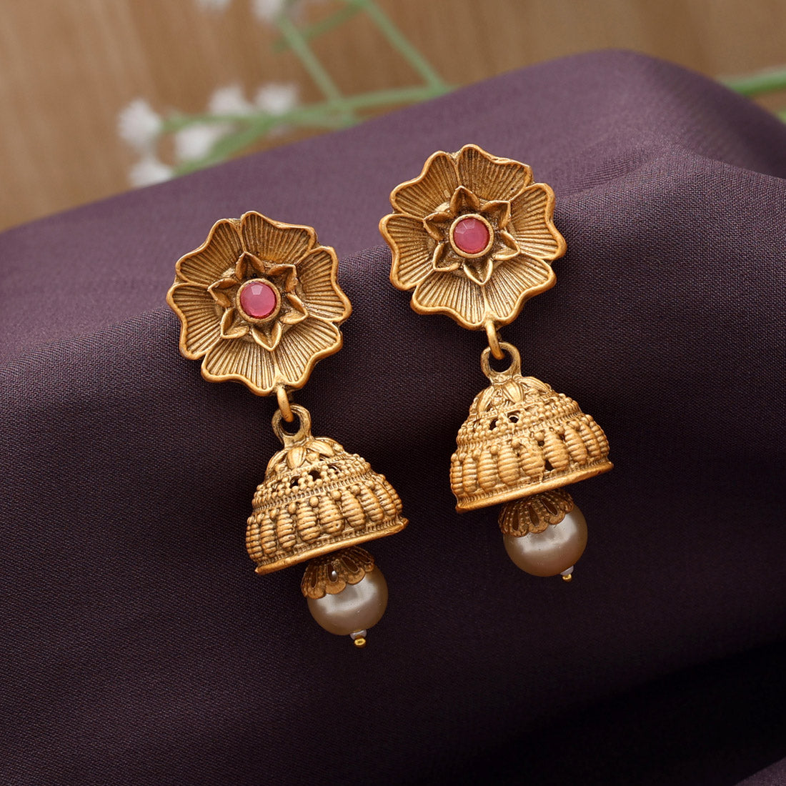 Pink Color Matte Gold Jhumka (MGE298PNK)