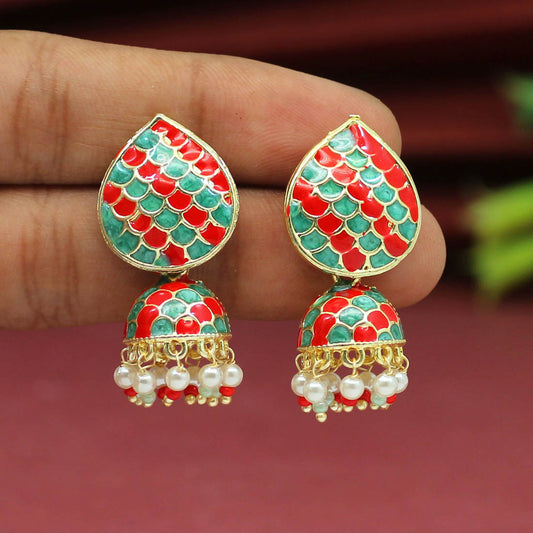 Green & Red Color Meenakari Jhumka (MKE1647GRNRED)