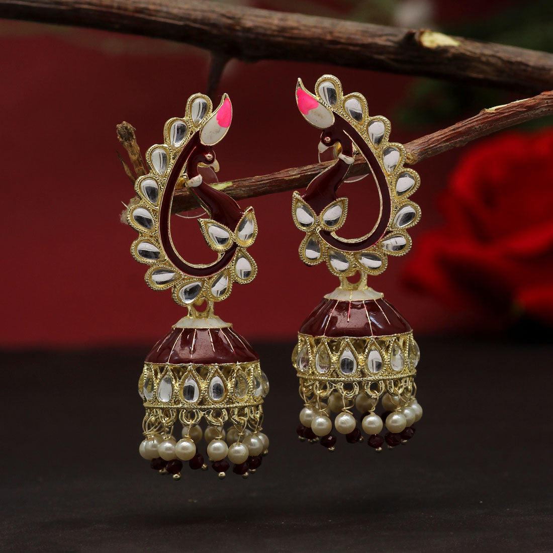 Maroon Color Meenakari Jhumka (MKE1786MRN)