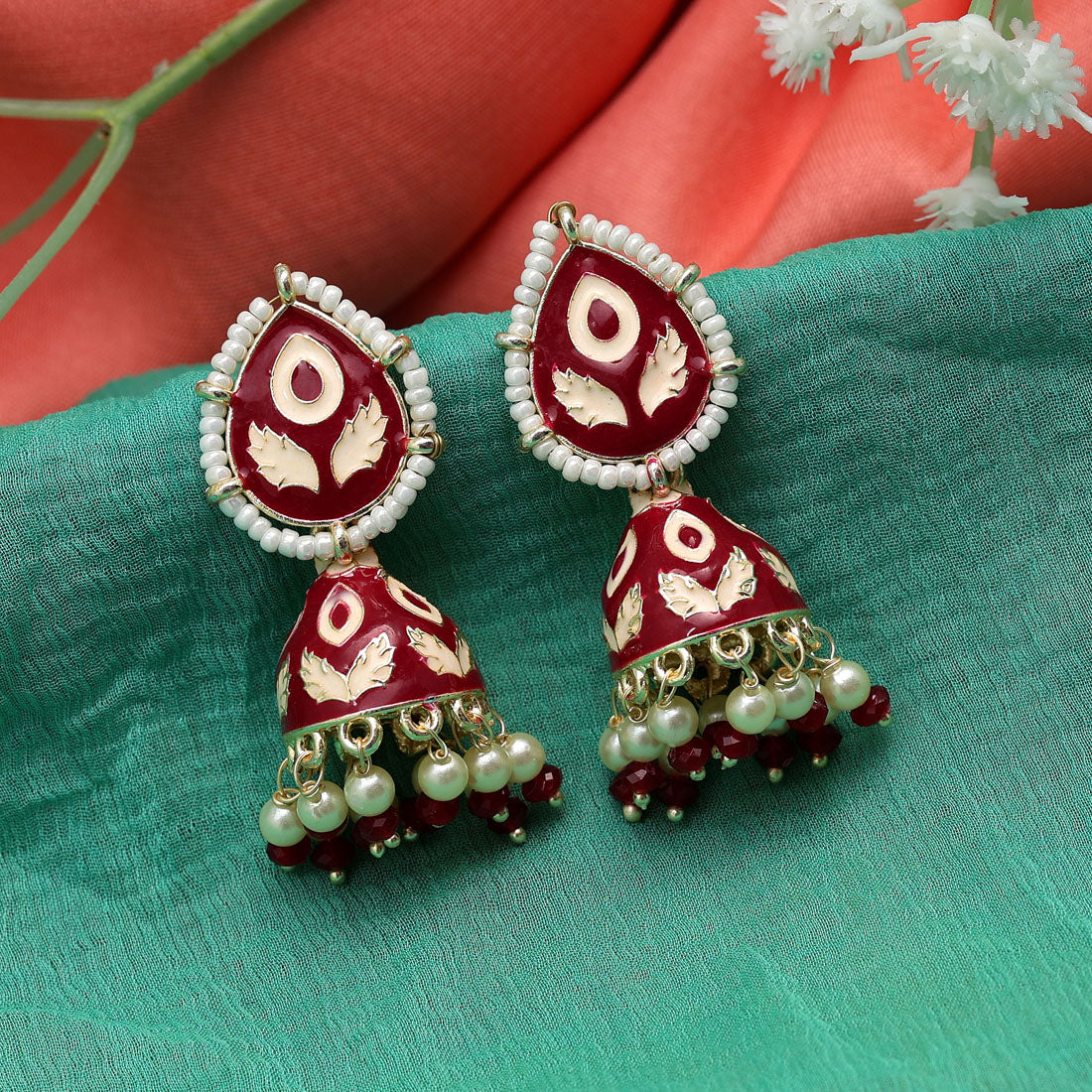 Maroon & Peach Color Meenakari Jhumka (MKE1808MRNPCH)