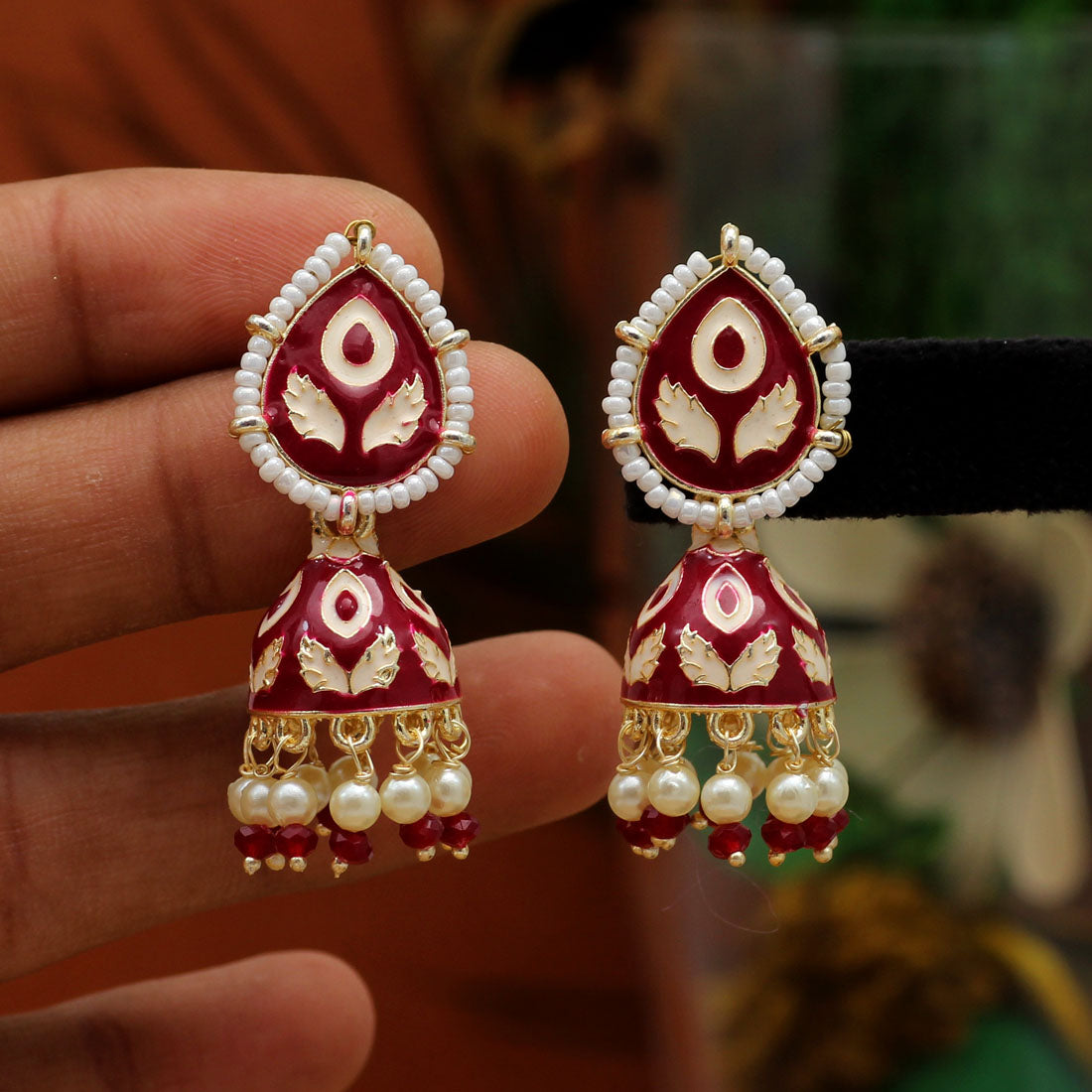 Maroon & Peach Color Meenakari Jhumka (MKE1808MRNPCH)