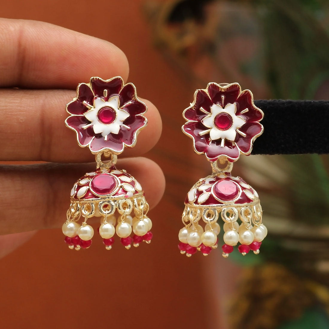 Maroon Color Meenakari Jhumka (MKE1812MRN)