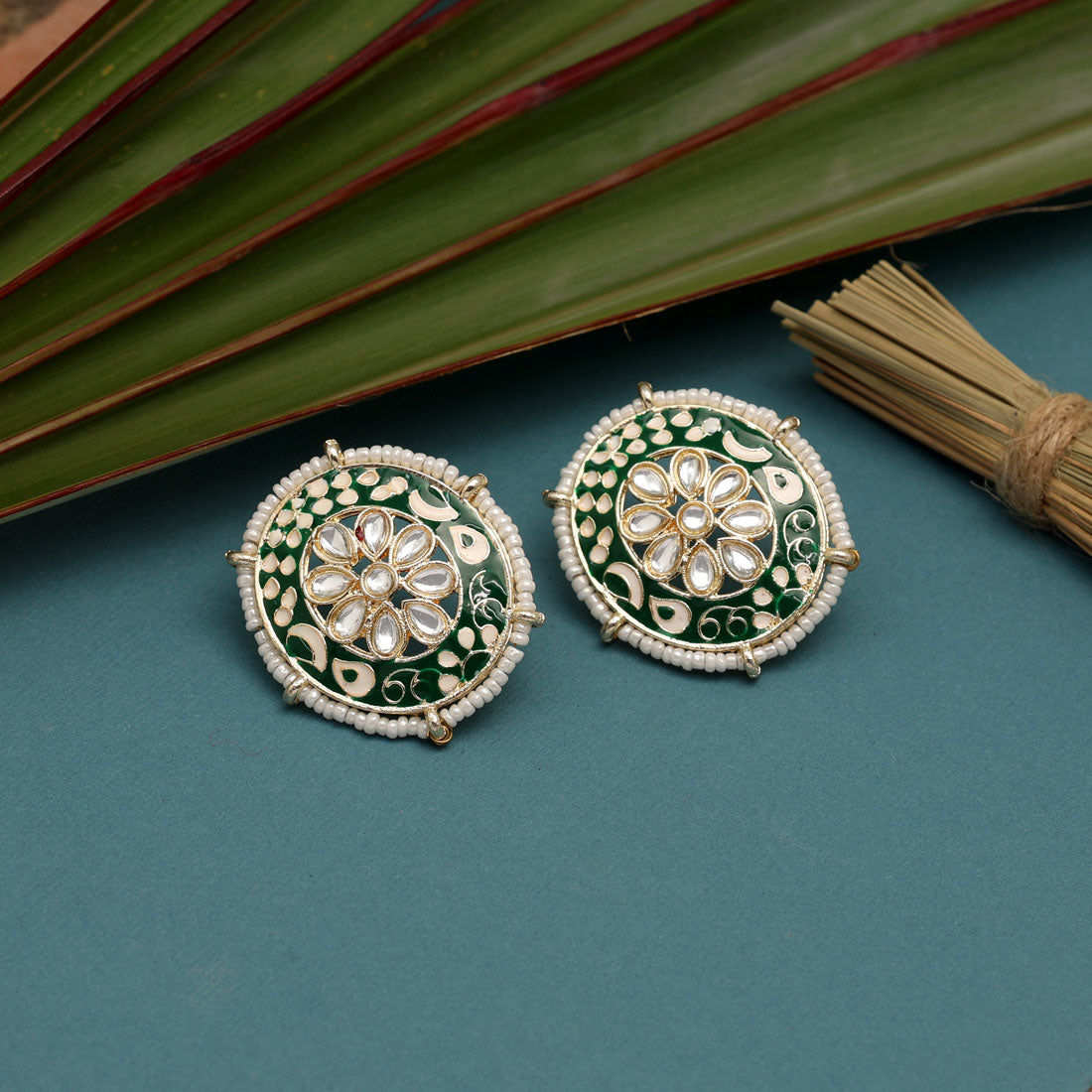 Green Color Meenakari Stud Earrings (MKE1823GRN)