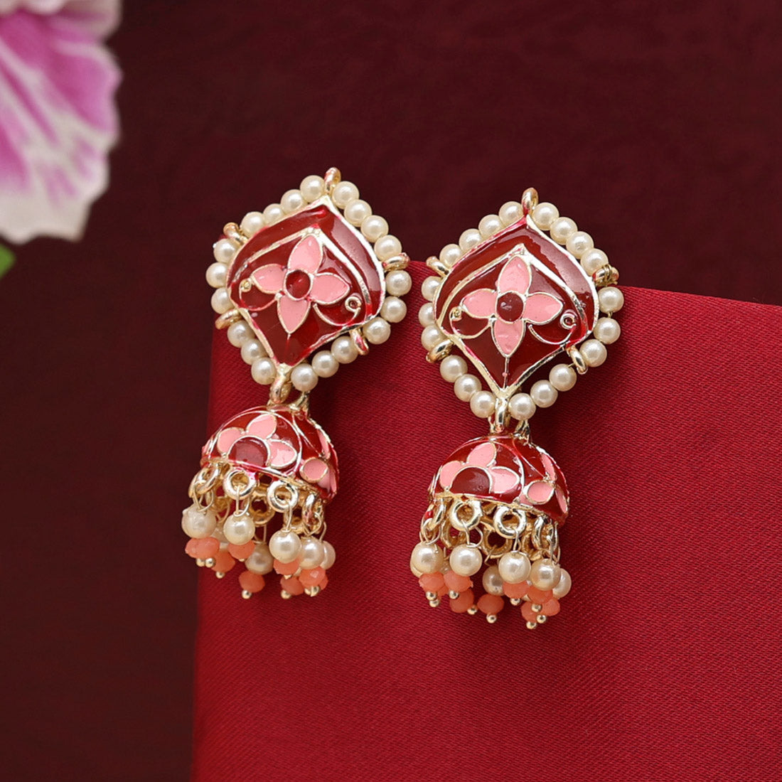 Maroon & White Color Meenakari Jhumka (MKE1827MRNWHT)