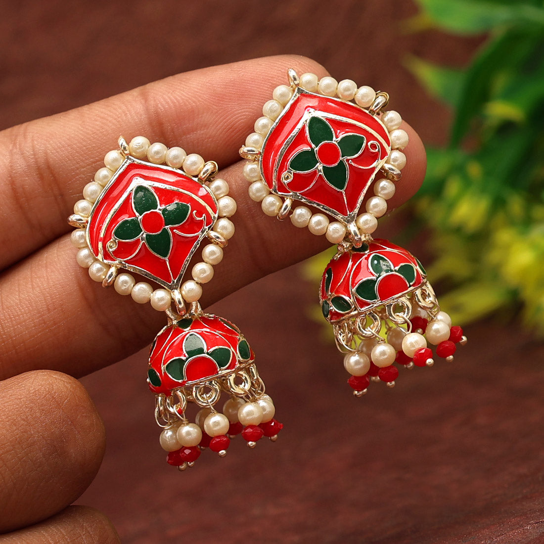 Red Color Meenakari Jhumka (MKE1827RED)