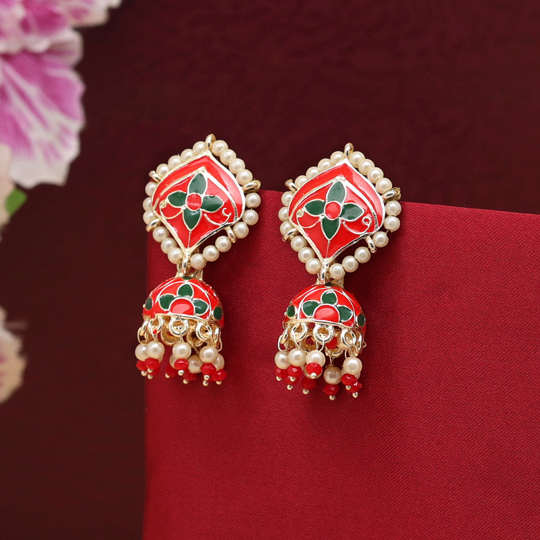 Red Color Meenakari Jhumka (MKE1827RED)