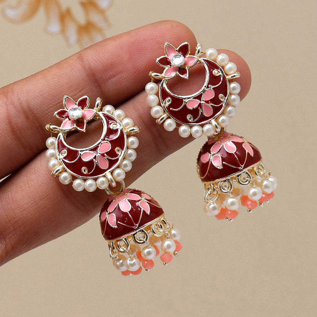 Maroon Color Meenakari Jhumka (MKE1830MRN)