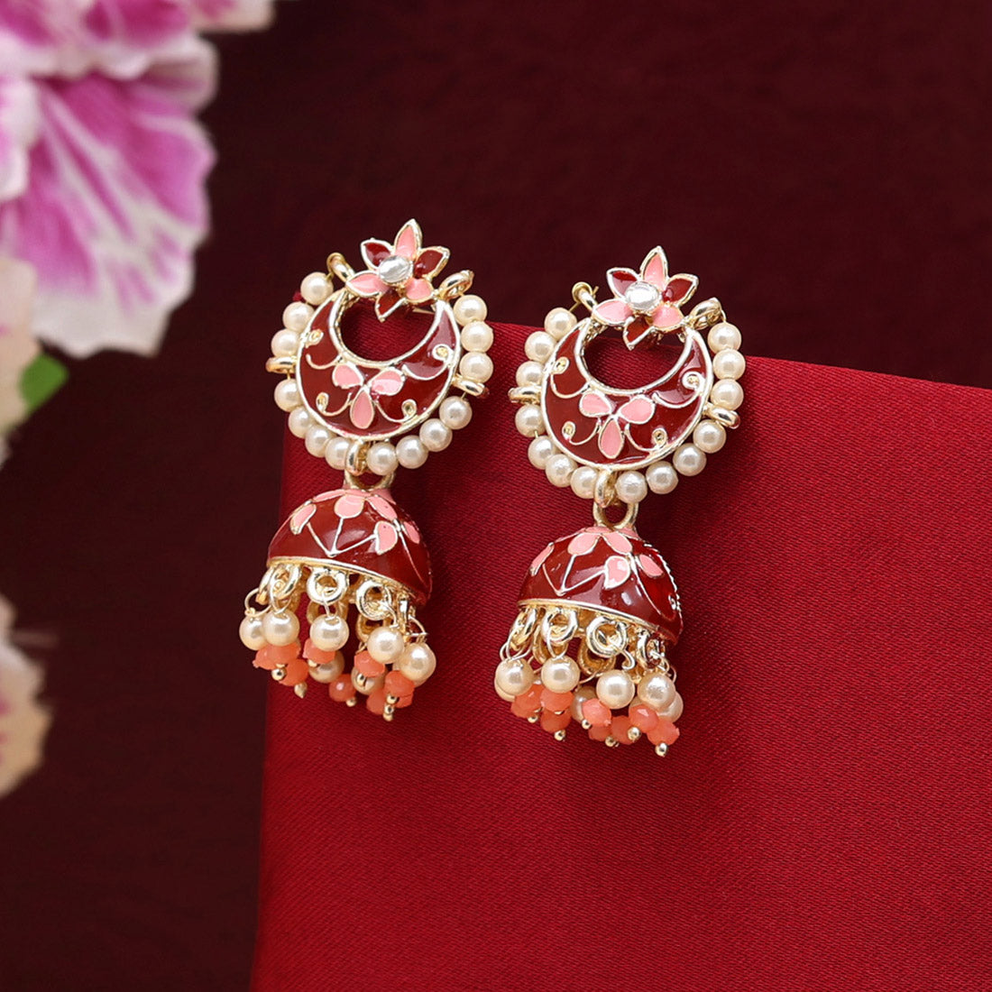 Maroon Color Meenakari Jhumka (MKE1830MRN)