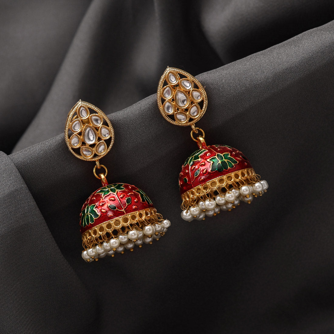 Maroon Color Kundan Meenakari Jhumka (MKE1836MRN)