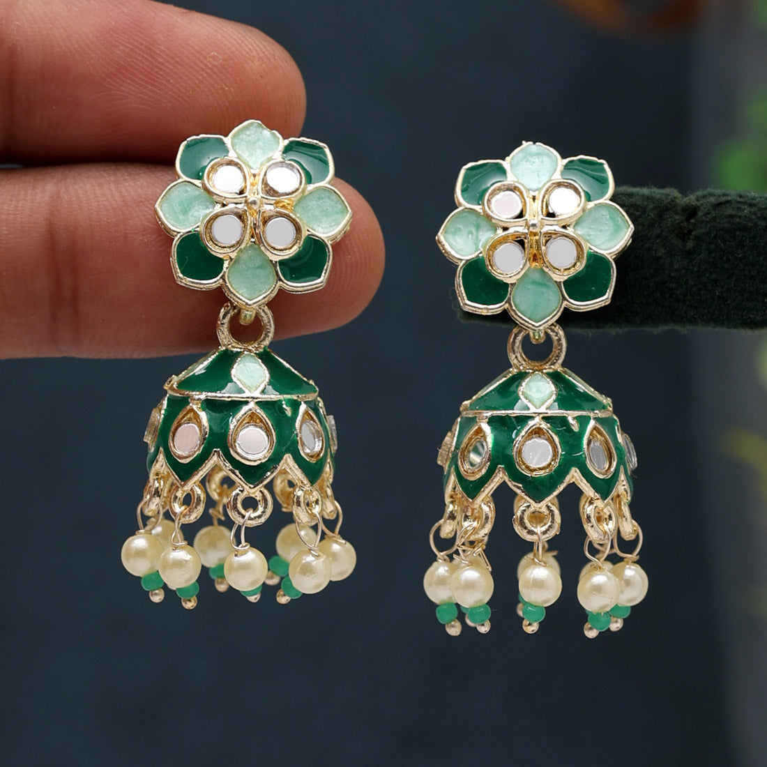 Green Color Meenakari Jhumka (MKE1843GRN)