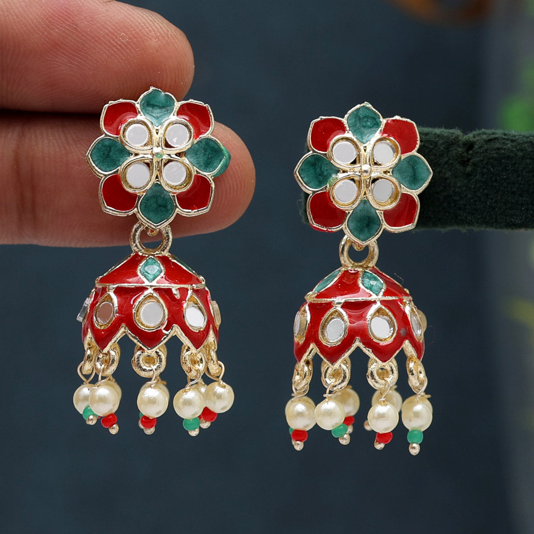 Maroon & Green Color Meenakari Jhumka (MKE1843MG)