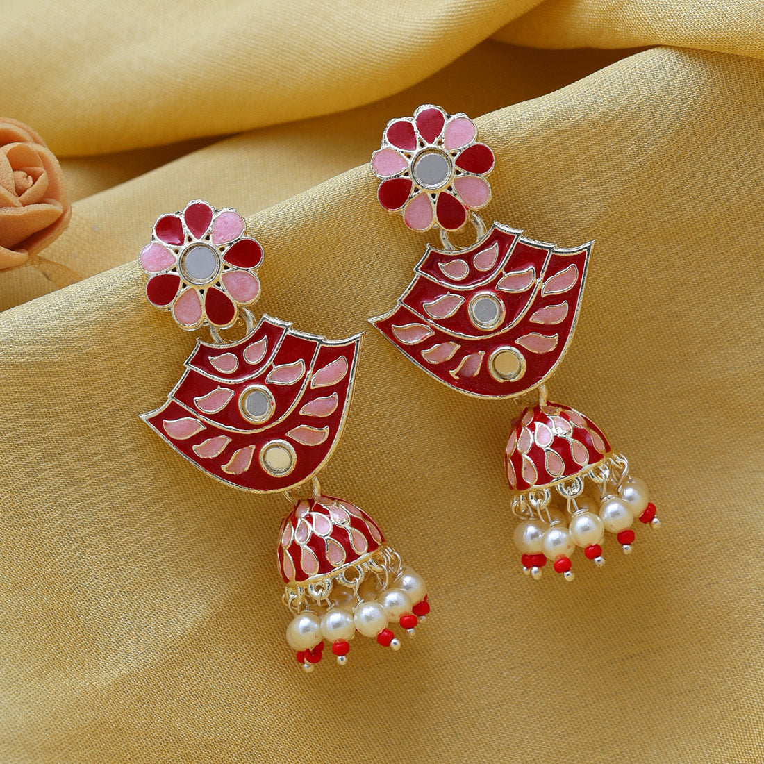 Red Color Meenakari Jhumka (MKE1848RED)