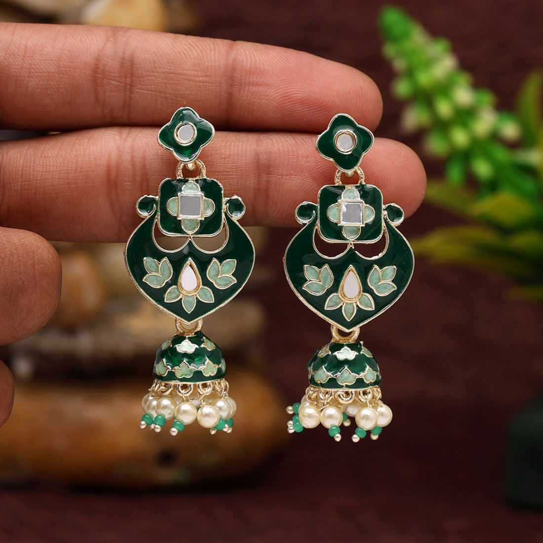 Green Color Meenakari Jhumka (MKE1849GRN)