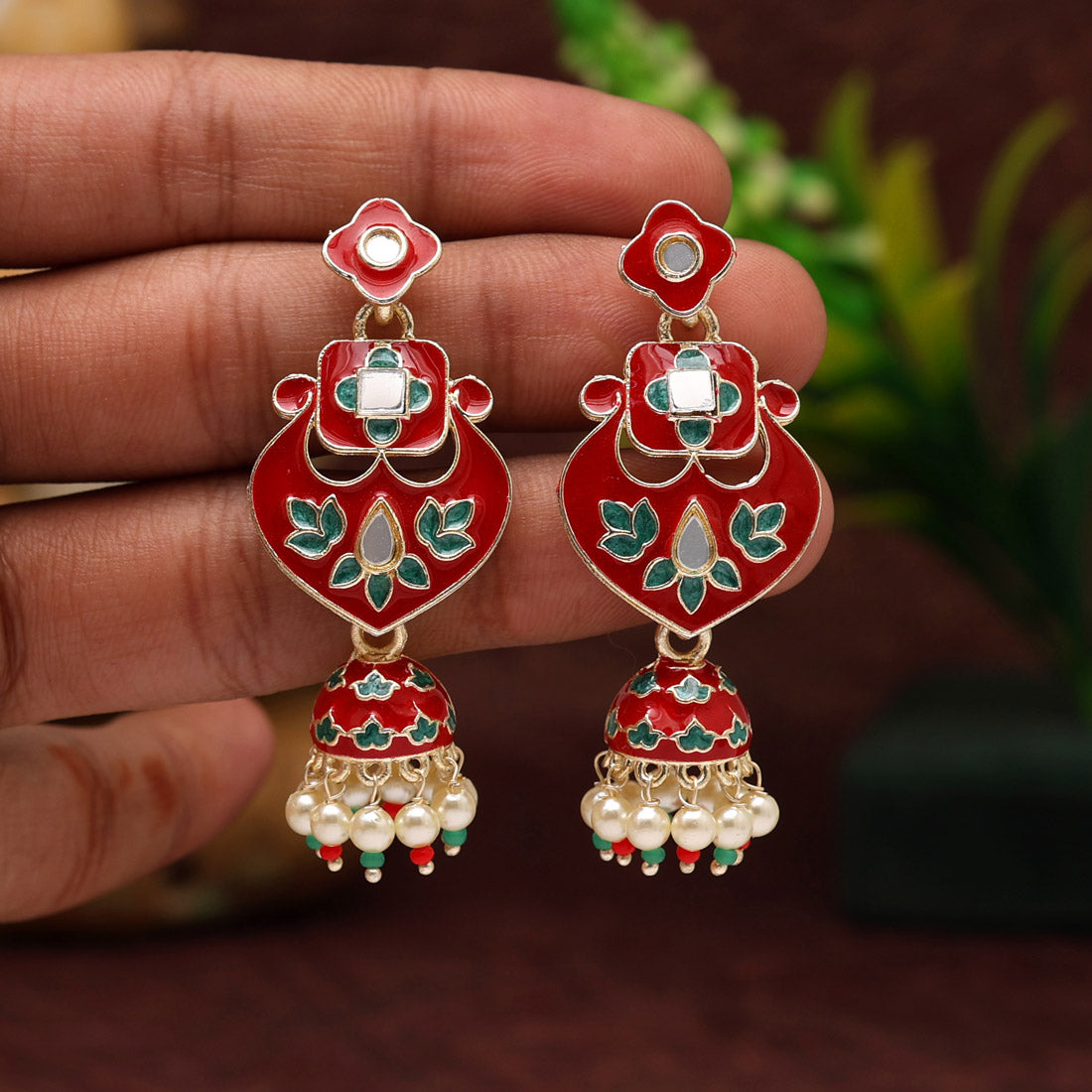 Maroon & Green Color Meenakari Jhumka (MKE1849MG)