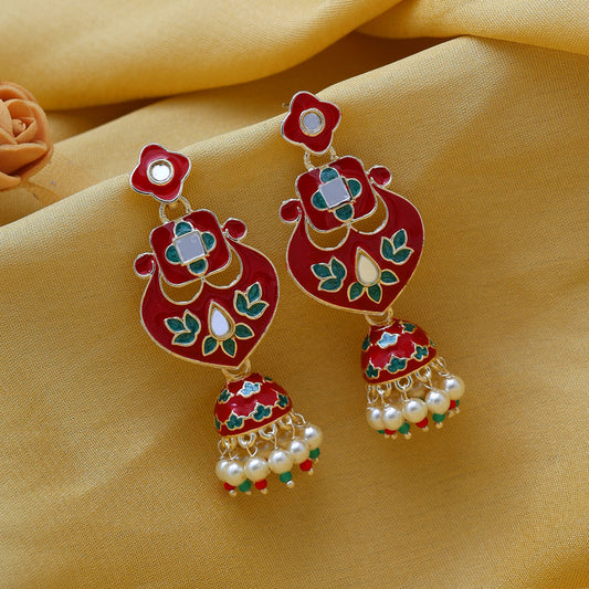 Maroon & Green Color Meenakari Jhumka (MKE1849MG)